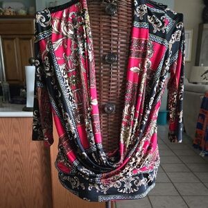 BONGO Red, Gold and Black Draped Lowcut Long Sleeve Blouse